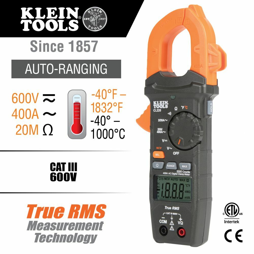 KLEIN TOOLS Klein Tools CL220 Digital Clamp Meter, AC Auto-Ranging 400 Amp with Temp