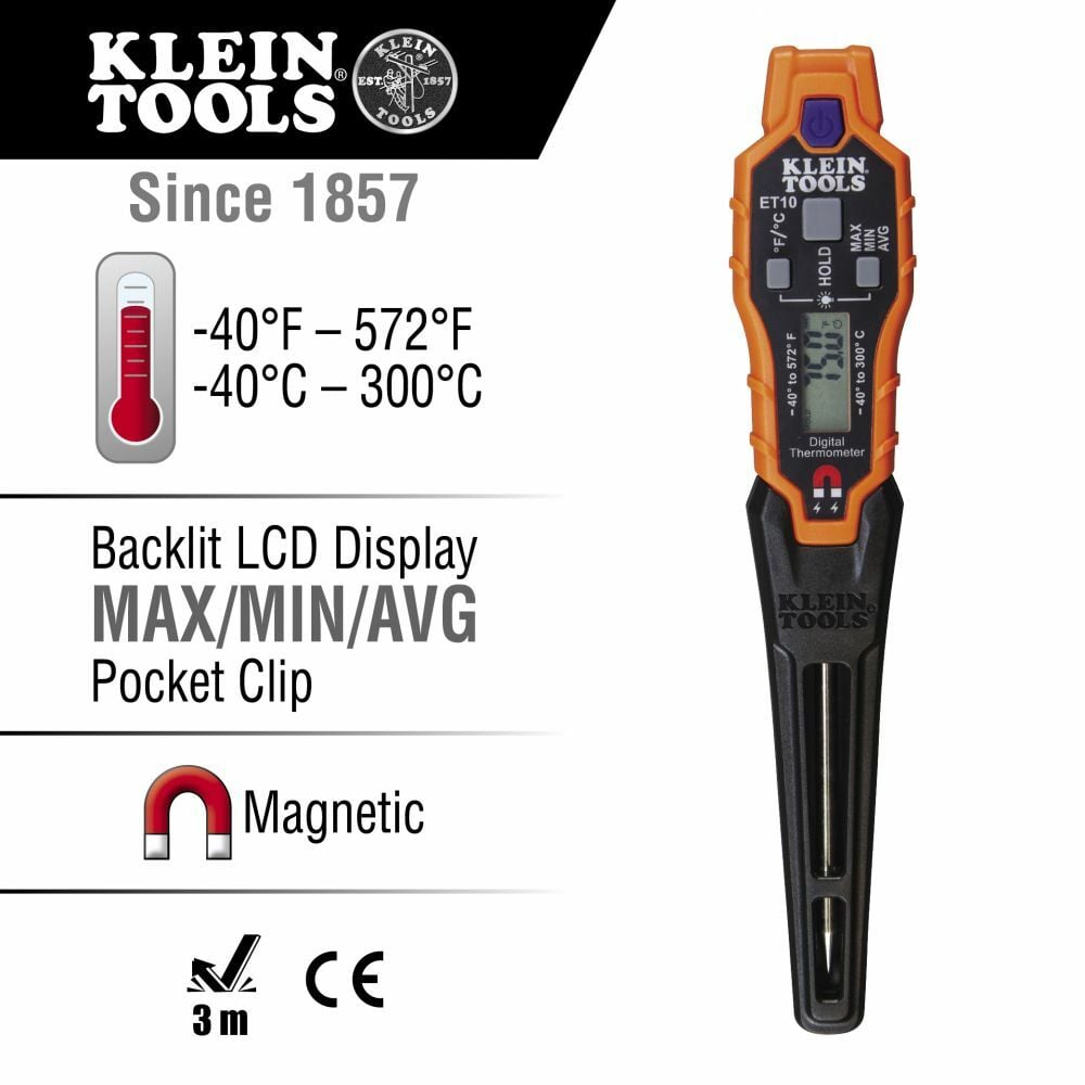 KLEIN TOOLS Klein Tools ET10 Magnetic Digital Pocket Thermometer -40 to 572 Degrees