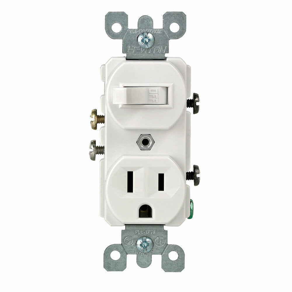 LEVITON Leviton 5225-W Duplex Combination Switch and Receptacle, 15 A, 120/277 VAC, 1/2 hp at 120 VAC, 2 hp at 240/277 VAC