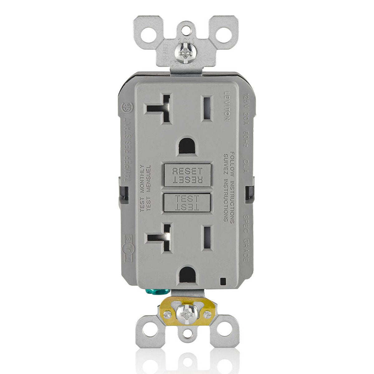 LEVITON Leviton GFTR2-GY SmartlockPro Self-Test GFCI Receptacle, Tamper Resistant, 20A, Gray