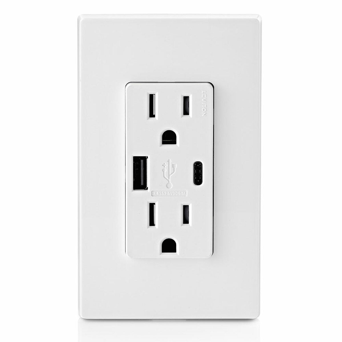 LEVITON Leviton T5633-W Combination USB Charger/Duplex Receptacle, 15 A, 125 VAC, 25 W, 2 Poles, 3 Wires