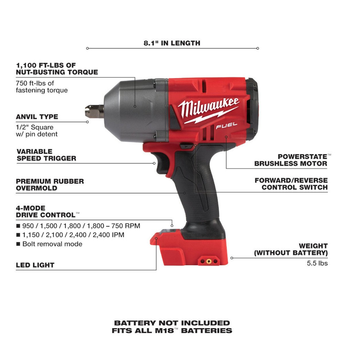 MILWAUKEE Milwaukee 276620 M18 FUEL High Torque 1/2 Impact Wrench w/ Pin Detent