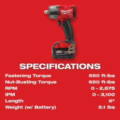 Milwaukee 2962P-22R M18 FUEL 1/2 Mid-Torque Impact Wrench w/ Pin Detent Kit