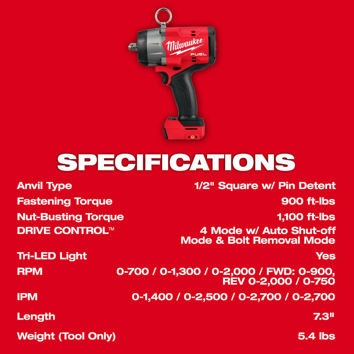 MILWAUKEE Milwaukee 2966-20 M18 FUEL 1/2 High Torque Impact Wrench w/ Pin Detent