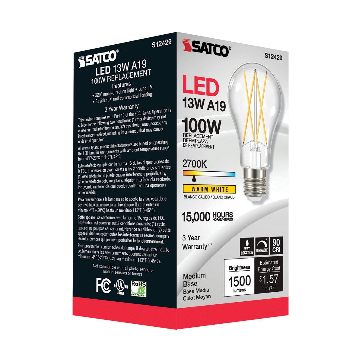 SATCO-NUVO Satco S12429 12.5 Watt LED A19 Clear Medium Base 2700K 90 CRI 120 Volt