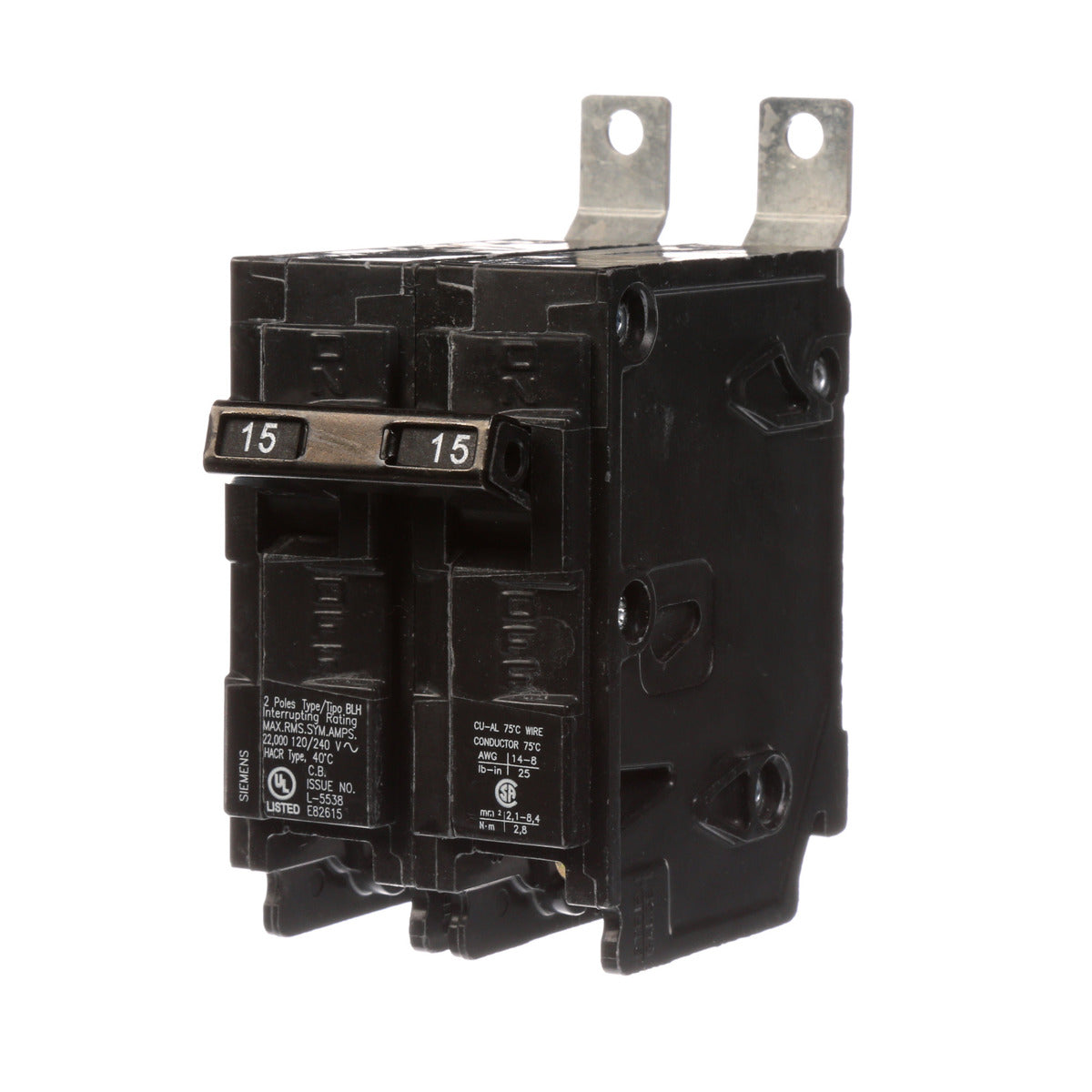 SIEMENS Siemens B215H 2-Pole 15 Amp 120/240 VAC 22 kA Bolt-On Molded Case Circuit Breaker