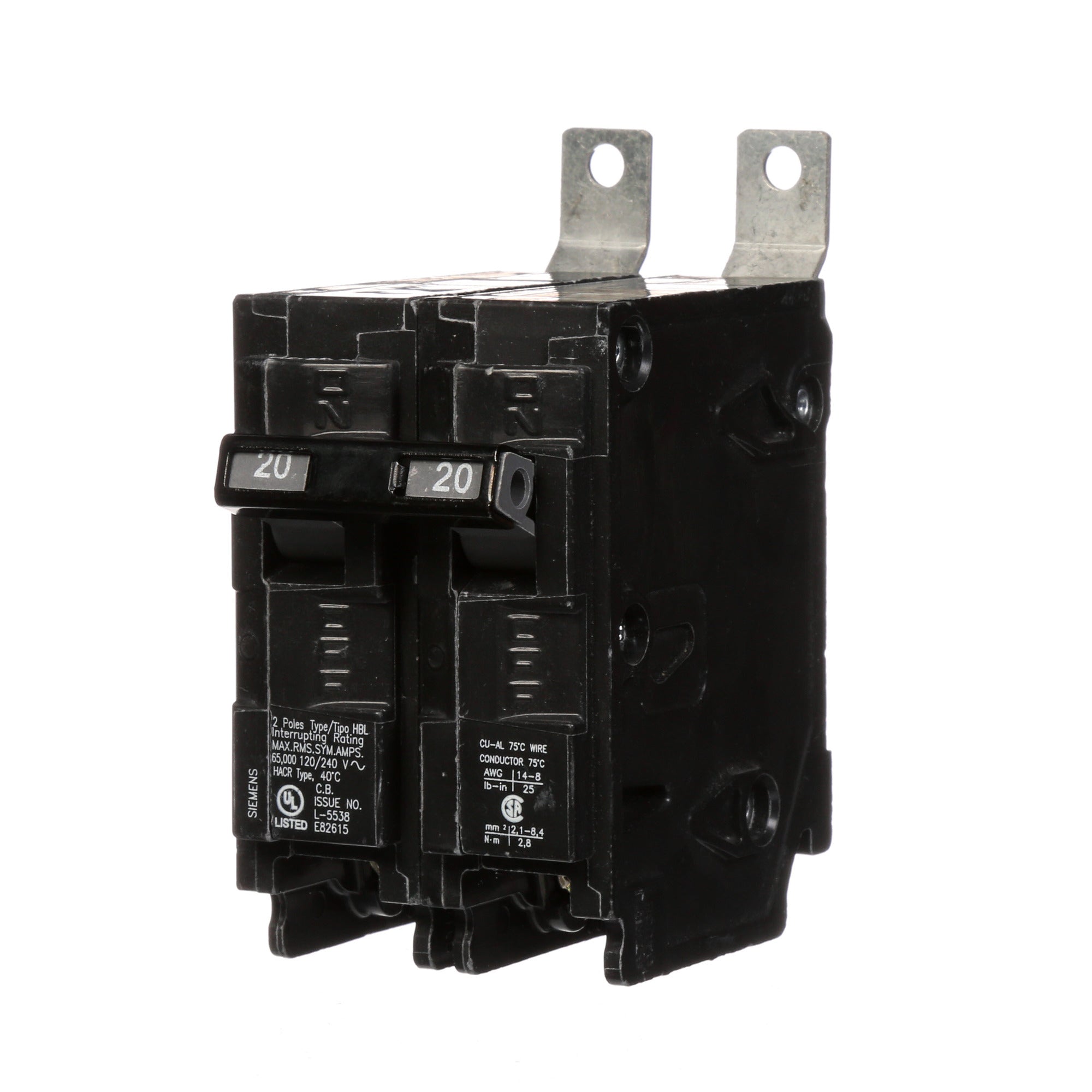 SIEMENS Siemens B220HH 2-Pole 20 Amp 120/240 VAC 65 kA Bolt-On Molded Case Circuit Breaker