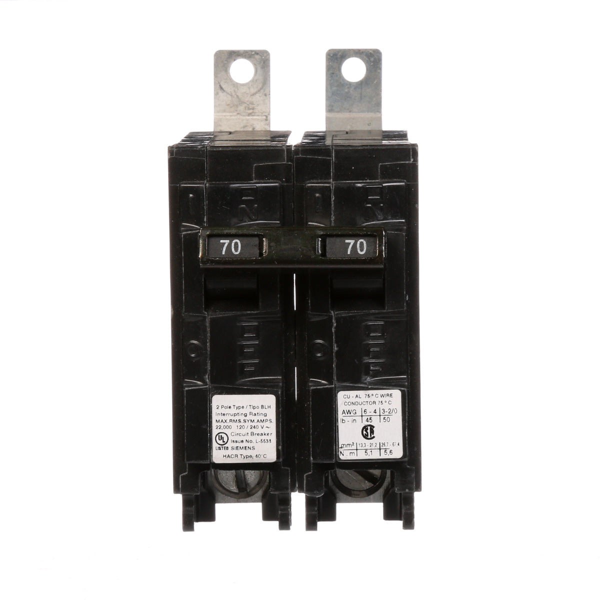 SIEMENS Siemens B270H 2-Pole 70 Amp 120/240 VAC 22 kA Bolt-On Molded Case Circuit Breaker