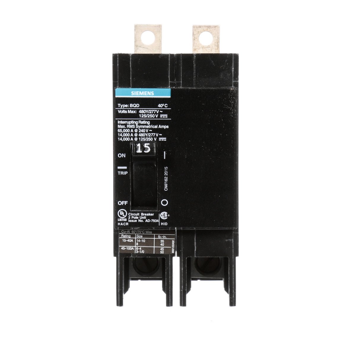 SIEMENS Siemens BQD215 Type BQD Molded Case Circuit Breaker 15 Amp 480 VAC 14 kA Circuit Breaker