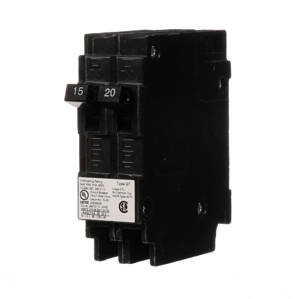 SIEMENS Siemens Q1520 1-Pole 15A-20A 120V AC Duplex Circuit Breaker, Plug-In, 10kA