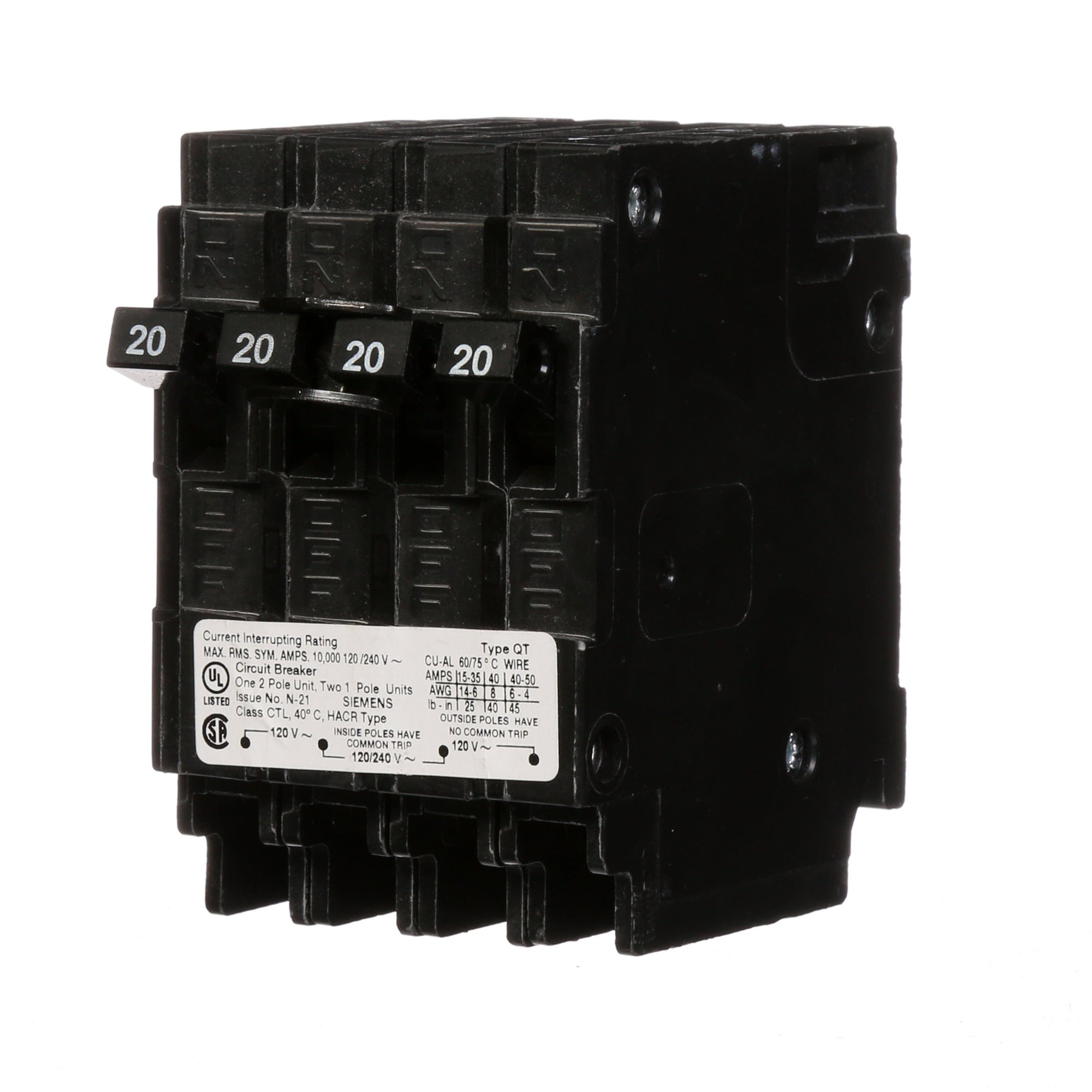 SIEMENS Siemens Q22020CT Triplex Circuit Breaker, 20A, 120/240V AC