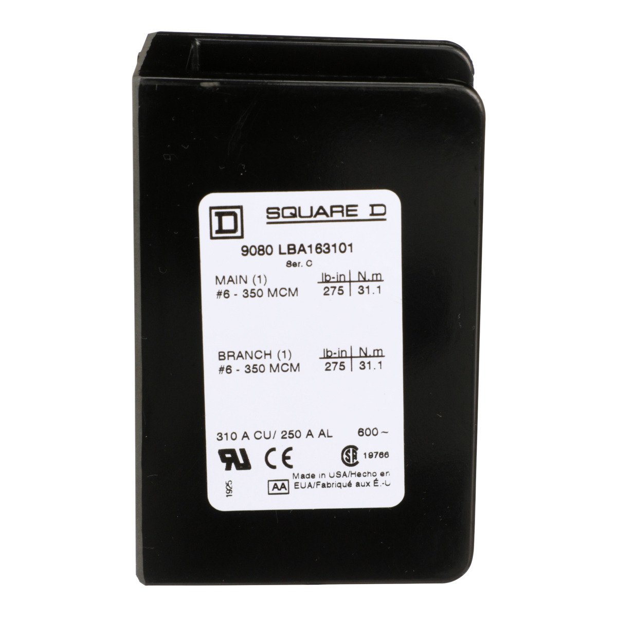 SCHNEIDER ELECTRIC Square D 9080LBA163101 Primary Phenolic 1-Pole Standard Power Distribution Block
