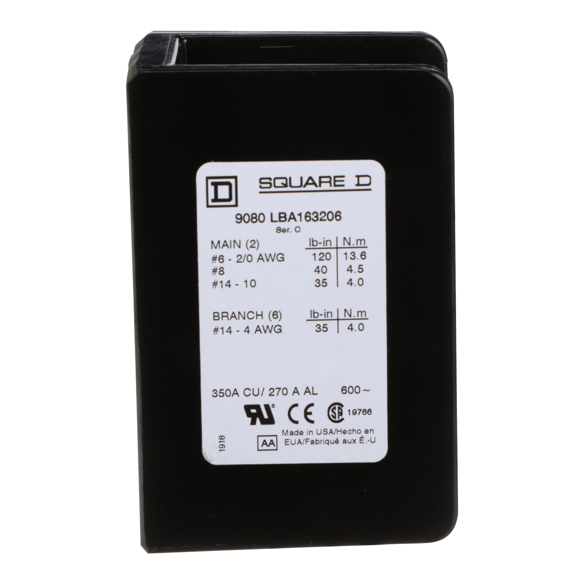 SCHNEIDER ELECTRIC Square D 9080LBA163206 Primary Phenolic Power Distribution Block 350 Amp 600 Volt