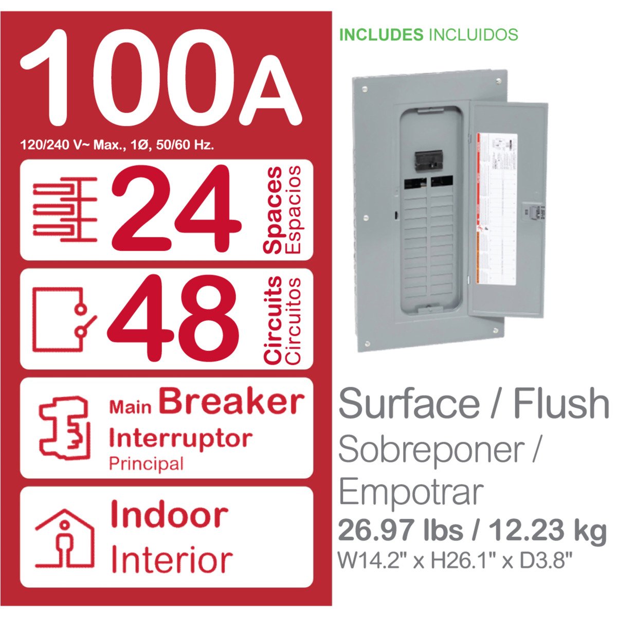 SCHNEIDER ELECTRIC Square D HOM2448M100PCVP Load Center 120/240 VAC 100 Amp 1-Phase 24-Space NEMA 1