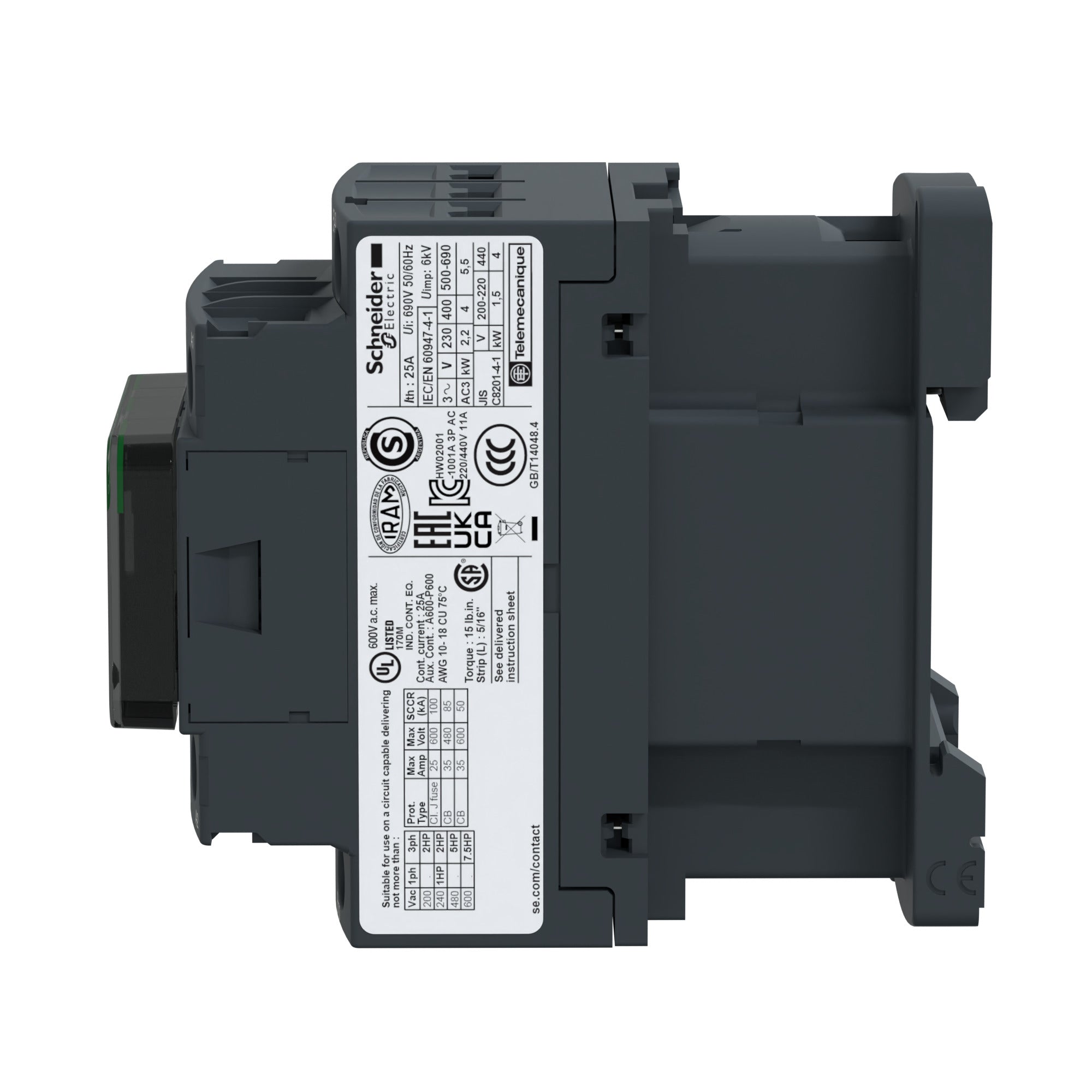 SCHNEIDER ELECTRIC Schneider Electric LC1D09BL Square D 600 VAC 9 Amp 3-Pole 1NO 1NC Screw Terminal Full Voltage Non-Reversing IEC Contactor