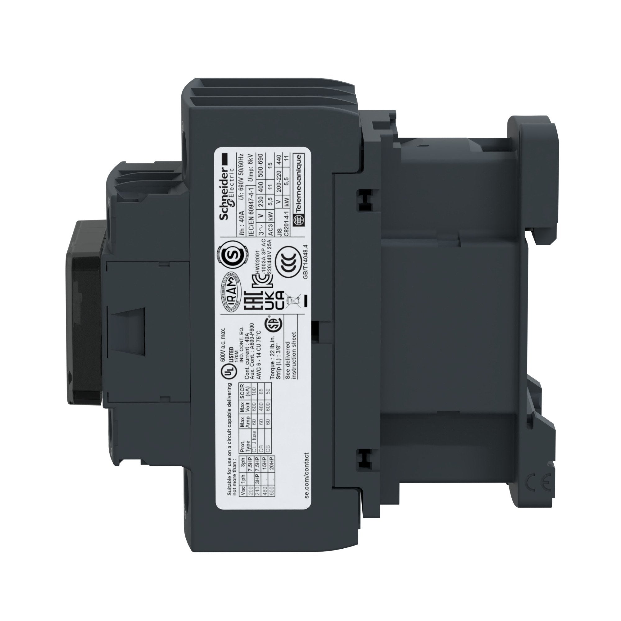 SCHNEIDER ELECTRIC Schneider Electric LC1D32T7 600 VAC 32 Amp 3-Pole 1NO 1NC Screw Terminal Full Voltage Non-Reversing IEC Contactor