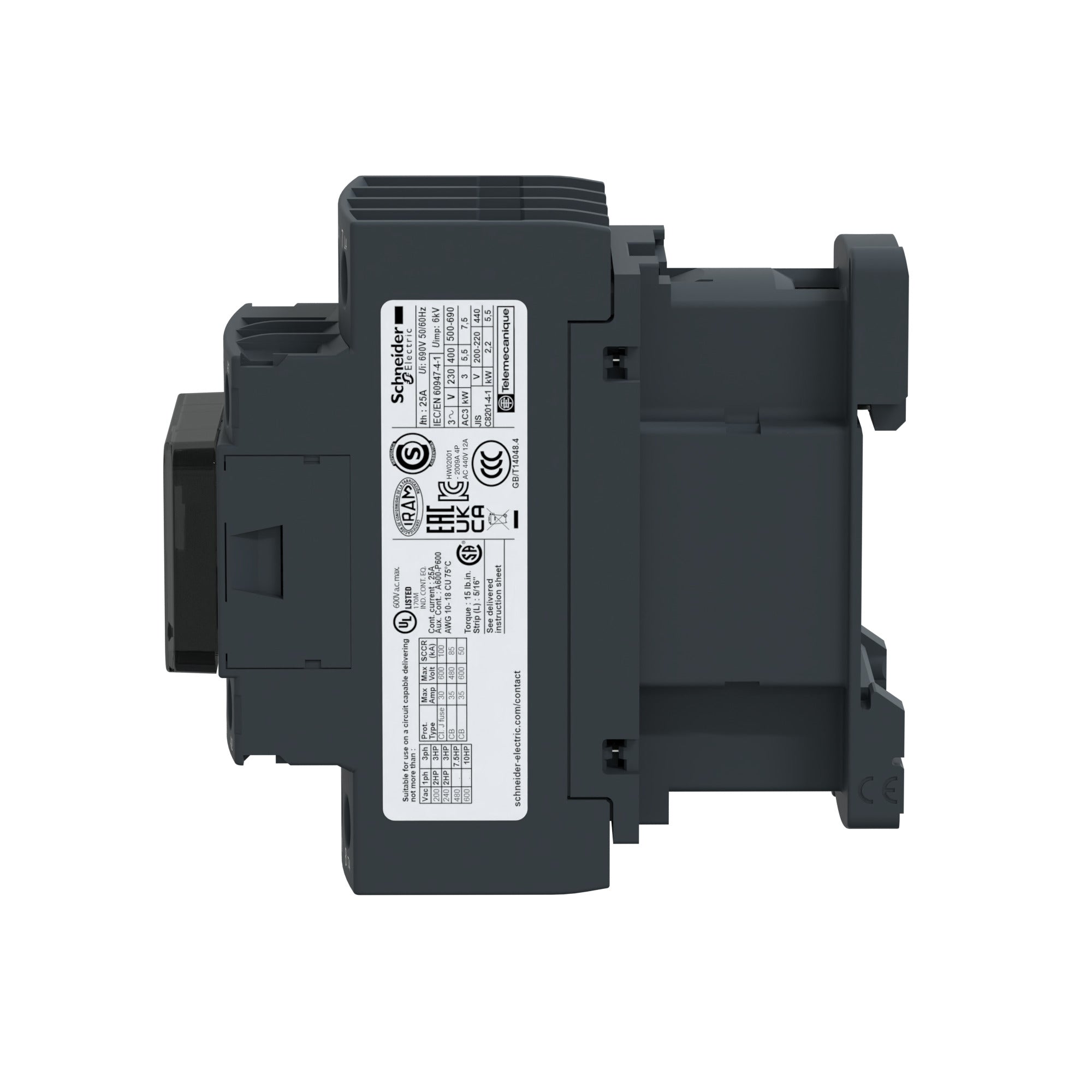 SCHNEIDER ELECTRIC Schneider Electric LC1DT25F7 Square D 600 VAC 25 Amp 4-Pole 1NO 1NC Screw Terminal Full Voltage Non-Reversing IEC Contactor