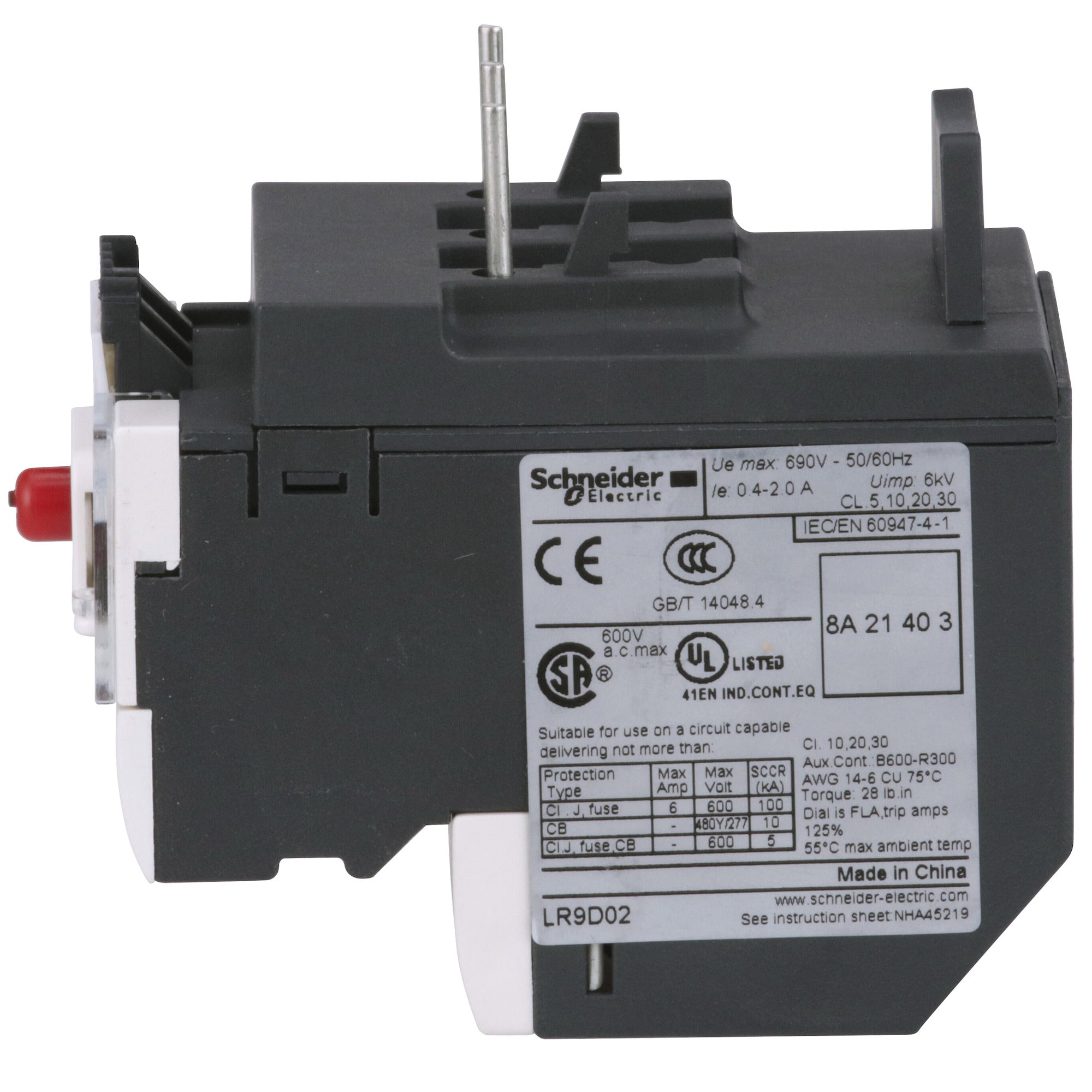 SCHNEIDER ELECTRIC Schneider Electric LR9D02 Square D LR9D02 600 Volt 0.4 to 2 Amp Screw Clamp Terminal Thermal Electronic Overload Relay