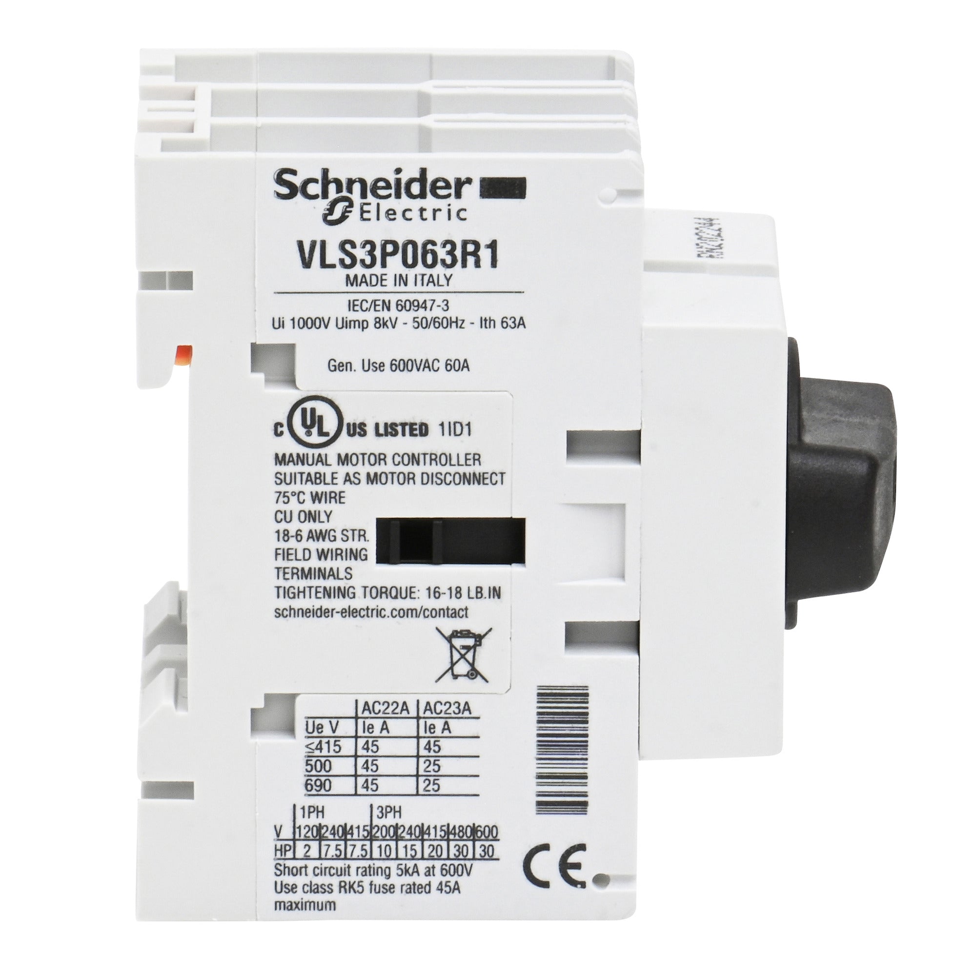 SCHNEIDER ELECTRIC Schneider Electric VLS3P063R1 Disconnect Switch 60A 30HP at 480VAC UL508 Three Phase 5kA SCCR