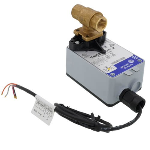 JOHNSON CONTROLS Johnson Controls VG1241AE+923GGA Model VG1241AE Two-Way Plated Brass Trim NPT End Connections Ball Valve with VA9203-GGA-2Z Spring-Return Open Without Switch Electric Actuator