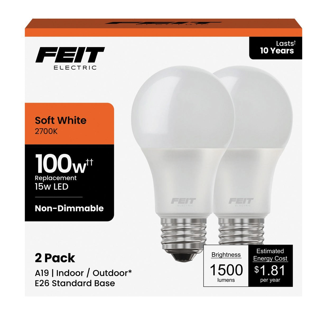 FEIT ELECTRIC Feit Electric A1600/827/10KLED/2 A19 LED Light Bulb 15W (2-Pack)