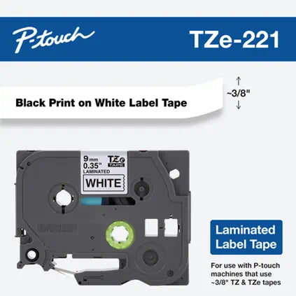 Brother TZE221 TZe Tape, Black on White Laminated Tape, 0.35 in 26.2 ft (9mm 8m)