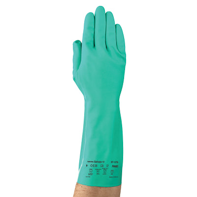 Ansell 100011 37-175 Nitrile Gloves Gauntlet Cuff Cotton Flock Lined Size 7 Green 17 Mil