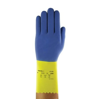 Ansell 87-224-8 AlphaTec Neoprene Gloves Cotton Flock Lined Size 8 Yellow Blue