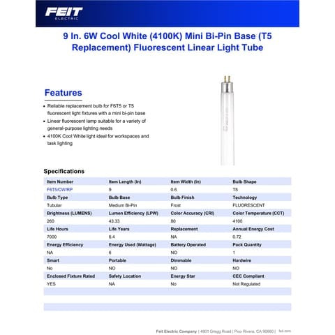 FEIT ELECTRIC Feit Electric F6T5/CW/RP T5 Fluorescent Bulb G5 6W (9 in) F6T5/CW/RP
