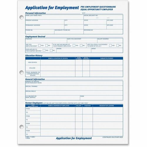 TOPS Tops TOP32851 Employment Application Form Pad 50 Sheets