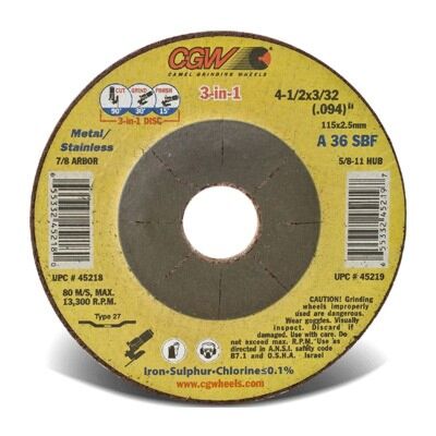 Cgw Abrasives 45222 3-in-1 High Performance Depressed Center Wheel 6 in Dia x 3/32 in THK 36 Grit