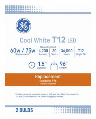 GE G E Lighting 93132046 Led T12 Tube 30W 96in 4000K 2-pack