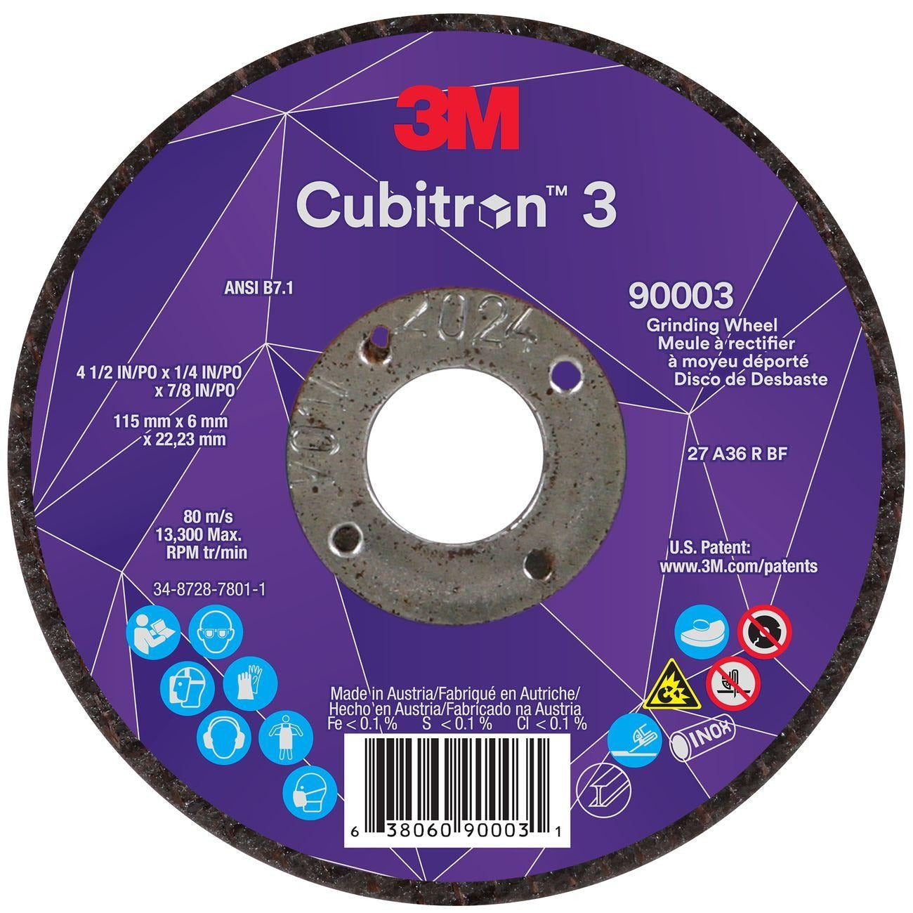 3M 3M 7100303966 Cubitron 3 36+ Grit Ceramic Type 27 Depressed Center Grinding Wheel 4-1/2 x 1/4 x 7/8 (10/Pack) 3MA638060-90003