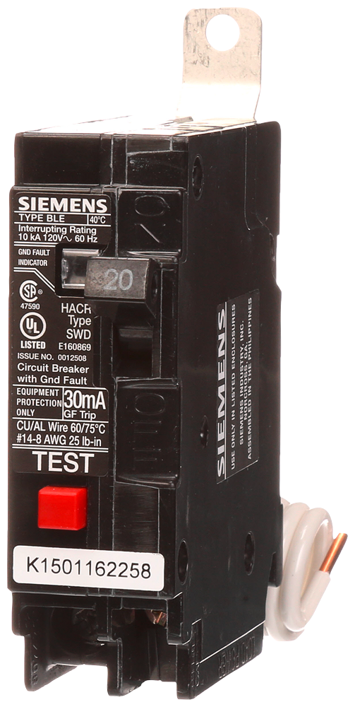 Siemens BE120 1-Pole 20 Amp 120 Volt 10 K 30 mA Circuit Breaker