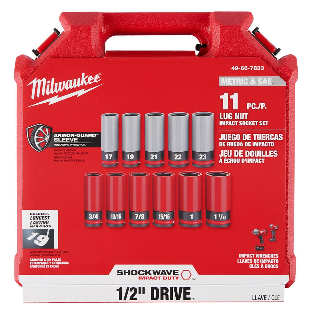 MILWAUKEE Milwaukee 49-66-7833 Shockwave Impact Duty 1/2 Drive SAE and Metric 11-Piece Lug Nut Wheel Socket Set