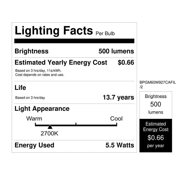 FEIT ELECTRIC Feit Electric BPGM60W927CAFIL/2 G16-1/2 globe filament LED bulb 5.5W (2-pack) 60W equivalent