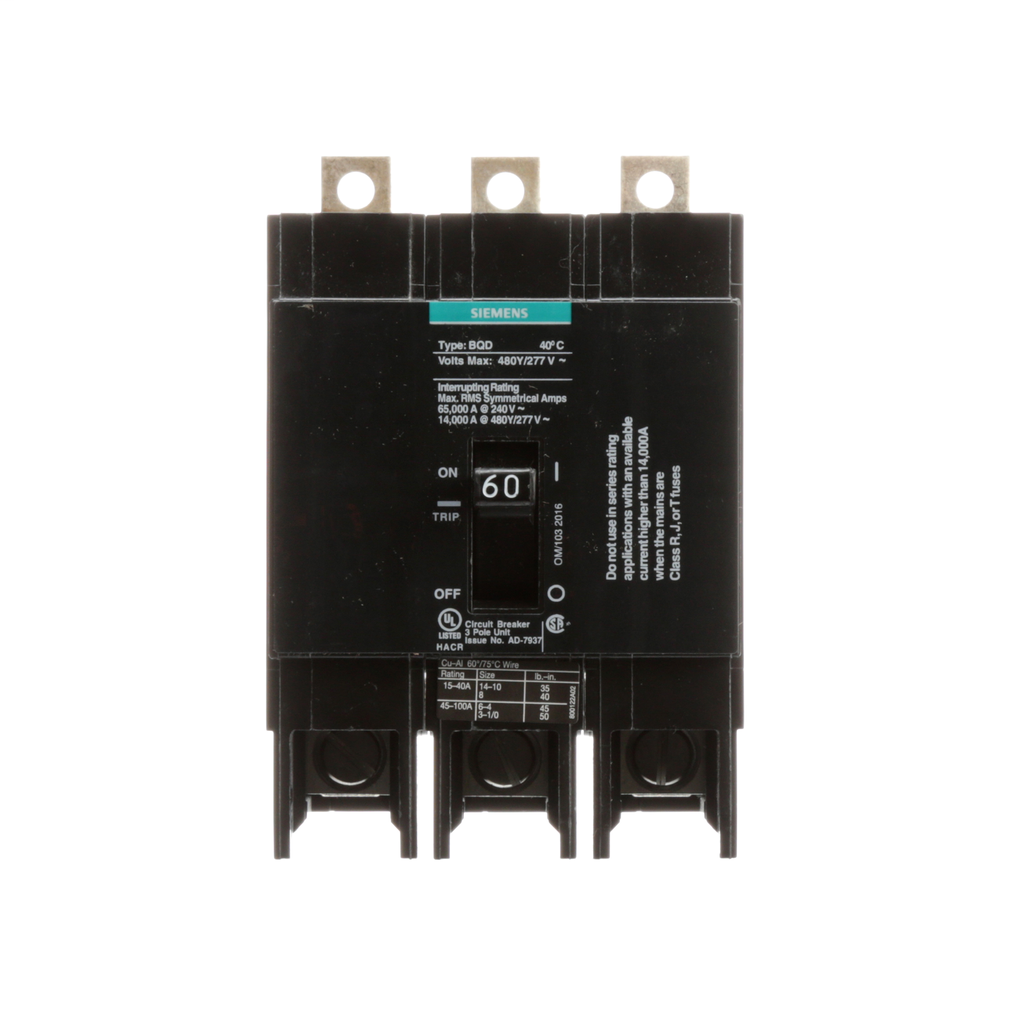 Siemens BQD360 3-Pole 60 Amp 480 VAC 14 kA Circuit Breaker