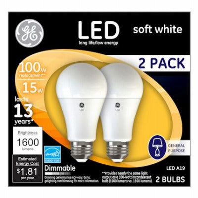 GE G E Lighting 93127668 Led A19 15W Soft White Bulb 2 Pack