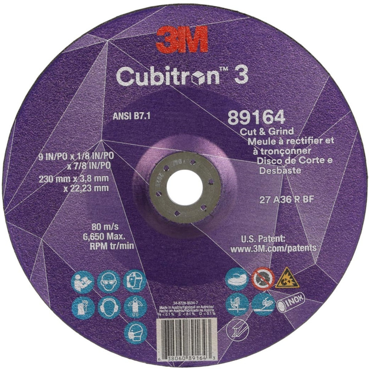 3M 3M 7100313759 Cubitron 3 Cut and Grind Wheel 9 in x 1/8 in x 7/8 in (10/Pack)