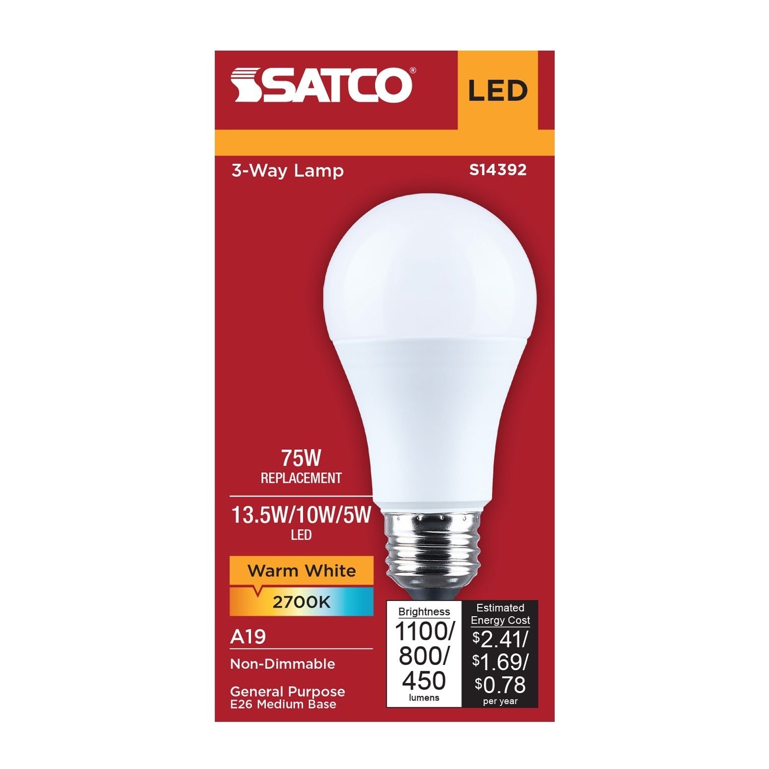 SATCO Satco S14392 3-Way A19 LED Lamp 13.5/10/5W (2.32 in) Replacement S14392