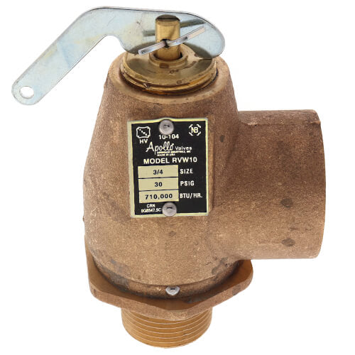 Apollo Valves 10-104-05 3/4 inch MNPT x 1 inch FNPT RVW10 Hot Water Relief Valve 710000 BTU 30 PSIG Brass