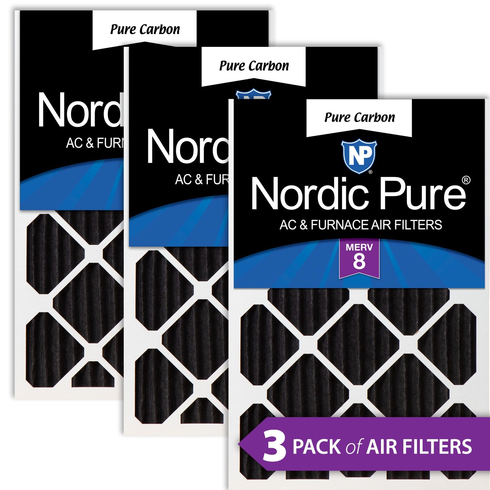 NORDIC PURE Nordic Pure 14x25x2PCP-3 Carbon Pleated Filter Merv 8 3 Pack