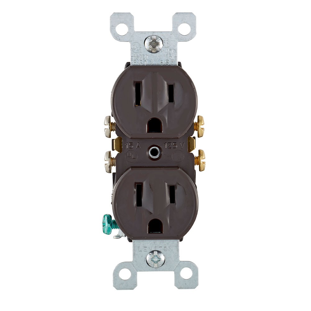 Leviton 5320-CP Duplex Grounding Straight Blade Receptacle, 125 VAC, 15 Amp, 2 Poles, 3 Wires, Brown