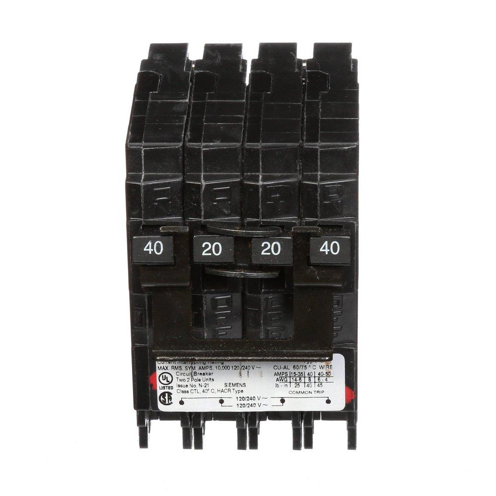 Siemens Q24020CT2 Quadplex Circuit Breaker, 2-Pole 40A-20A Inner-Outer Common-Trip, 120/240V AC, Plug-In, 10kA