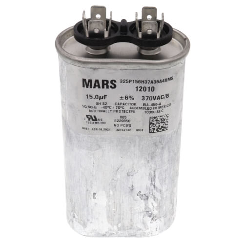 Mars 12010 Run Capacitor 120 Oval 15 Microfarad 370 Volt Aluminum Case