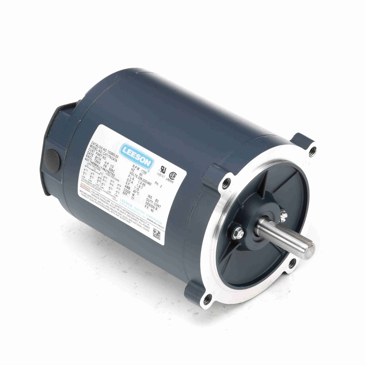 Leeson 102863.00 General Purpose Motor, 0.33 HP, 3 Ph, 60 Hz, 208-230/460 V, 1800 RPM, S56C Frame