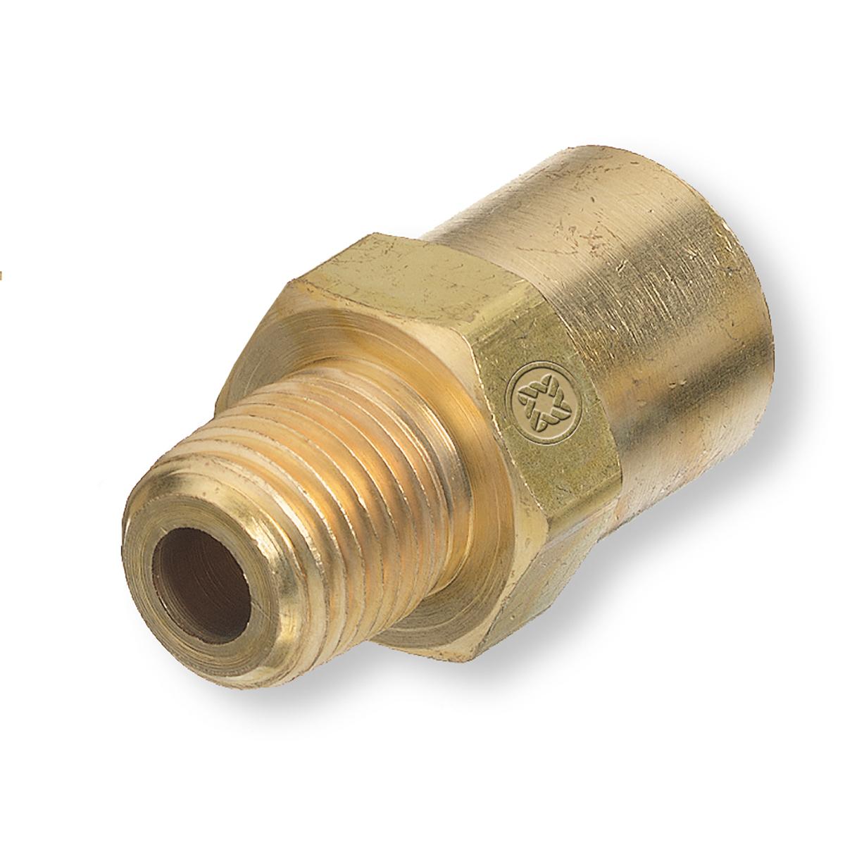 Western Enterprises AW-15A INERT ARC ADAPTORS - 1/4" NPT MALE X B -SIZE 5/8" -18" UNF - RH FEMALE - BRASS