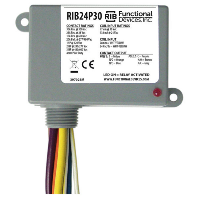 Functional Devices RIB24P30 Power Relay, 30 Amp DPDT, 24 Vac/Dc Coil, NEMA 1 Housing