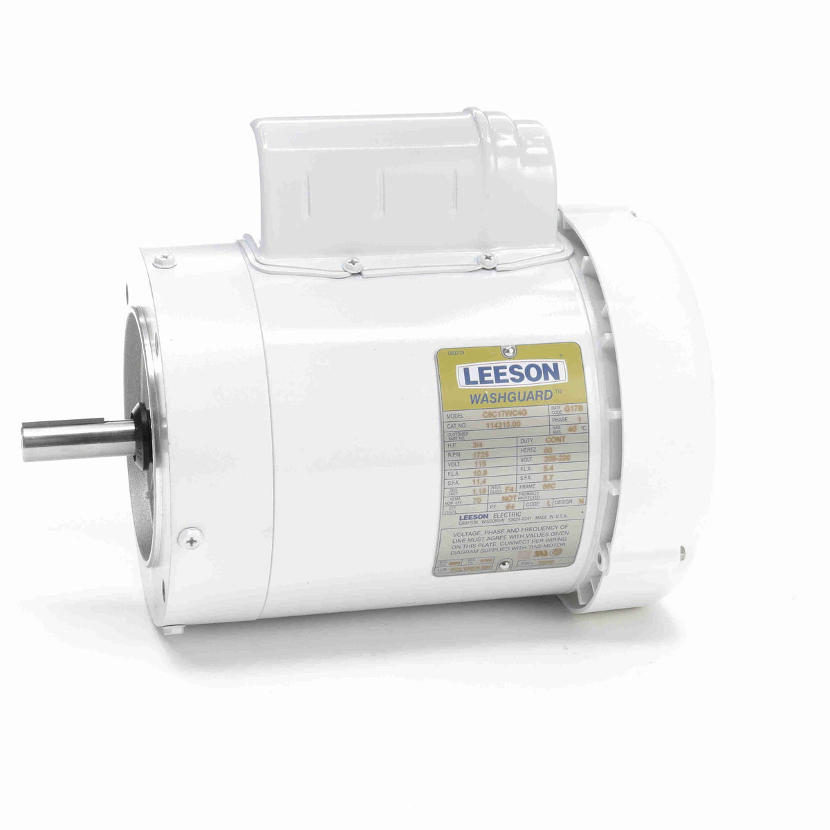 Leeson 114315.00 White Duck�  114315 General Purpose Motor, 0.75 HP, 1 Ph, 60 Hz, 115/208-230 V, 1800 RPM, 56C Frame