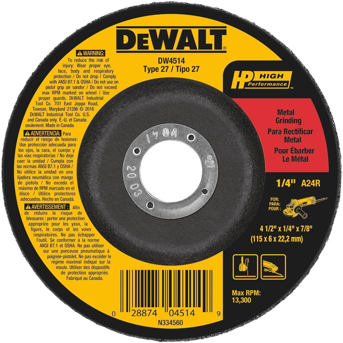 Dewalt DW4514Z Grinding Wheel 4 1/2 inches x 1/4 inches x 7/8 inches Metal Fast Cut